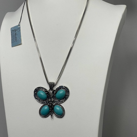 faux turquoise blue necklace butterfly pendant burnished silver tone trendy boho - Picture 7 of 9